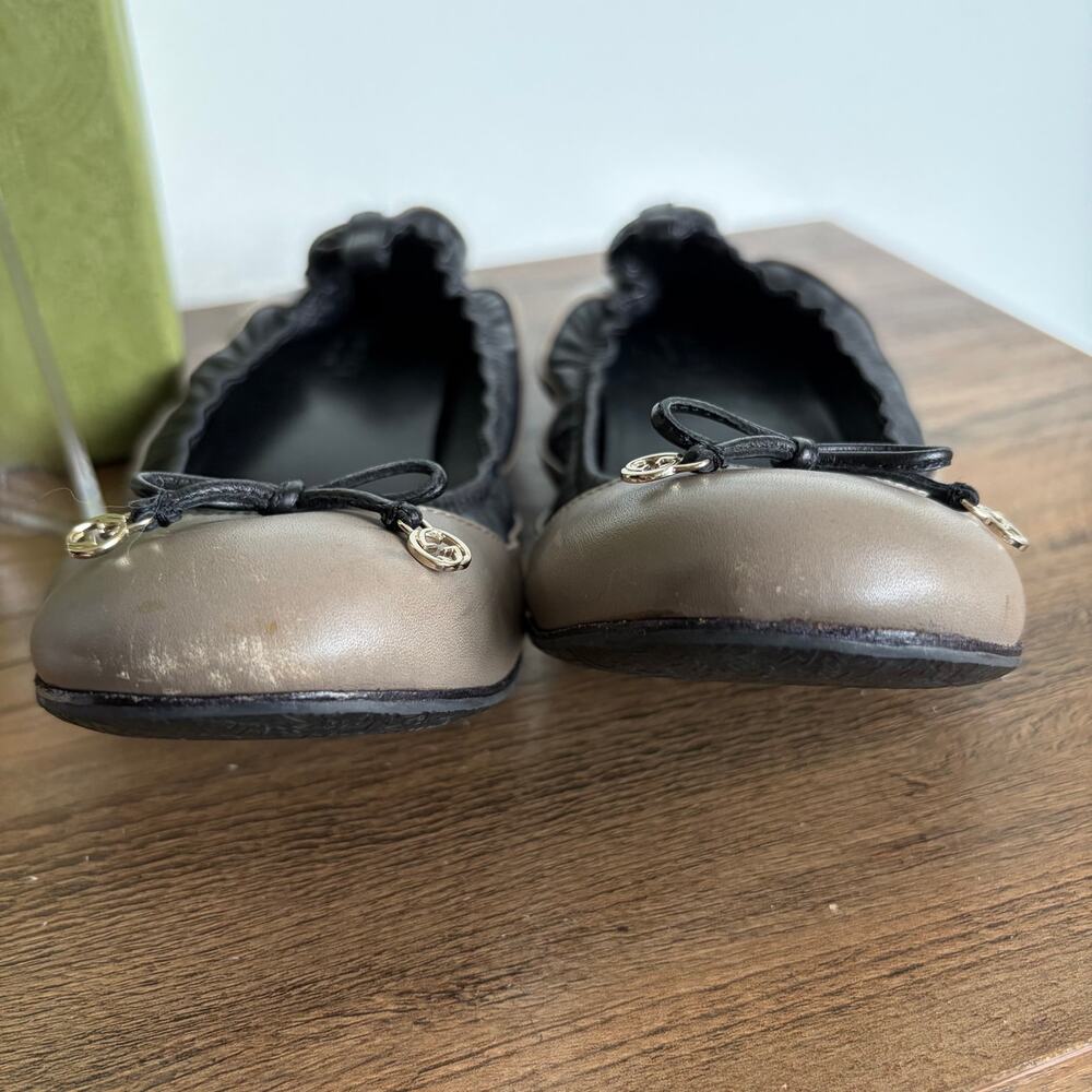 GUCCI Ballerina GG Bow 7.5 Black Tan Leather Flats 37.5 Women's Ballet Box Shoes - Picture 4 of 10